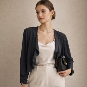 Minimalist charcoal grey ruched sleeve cropped ruffle shrug top large to xl